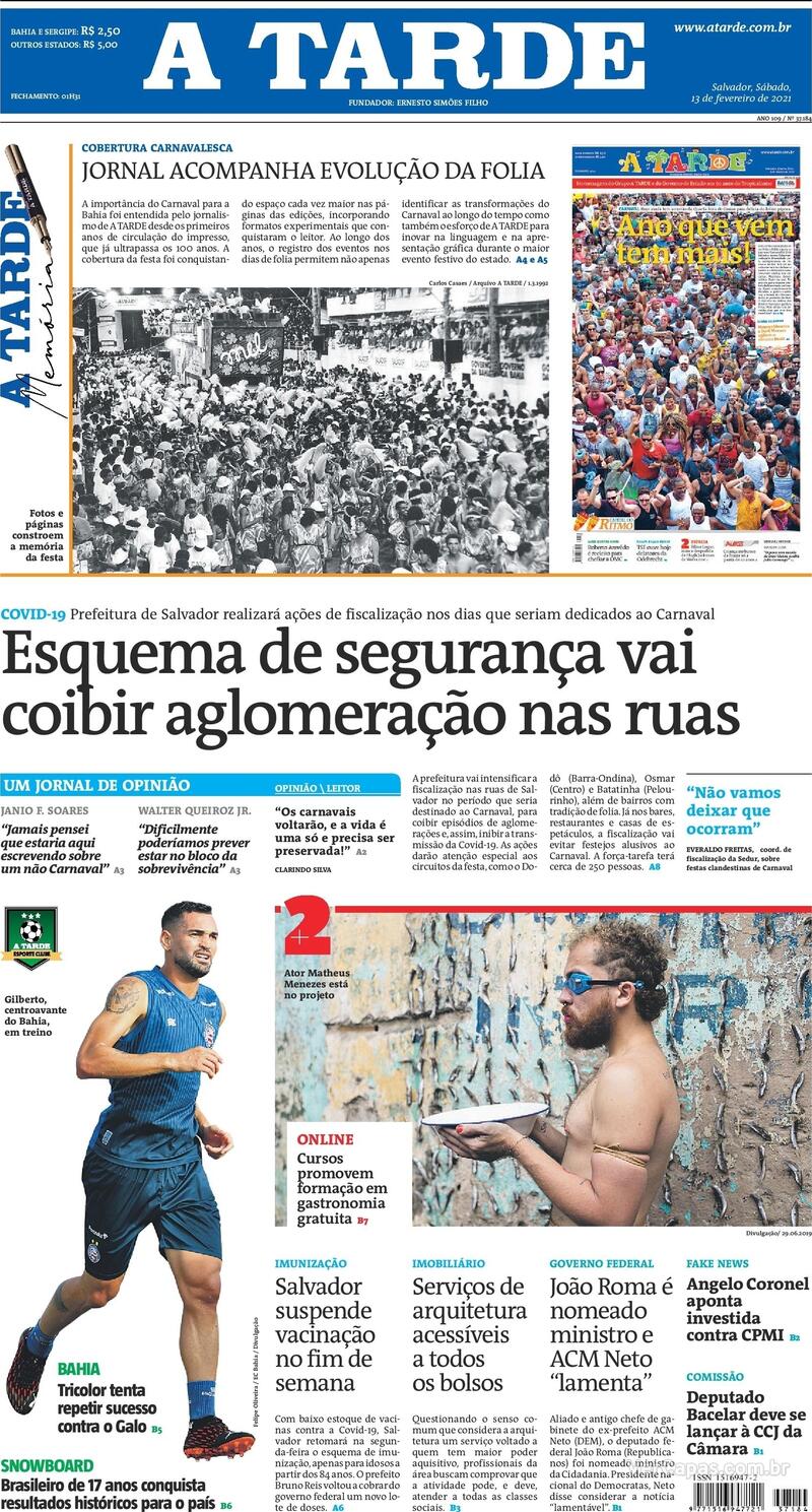 Capa do jornal A Tarde 13/02/2021