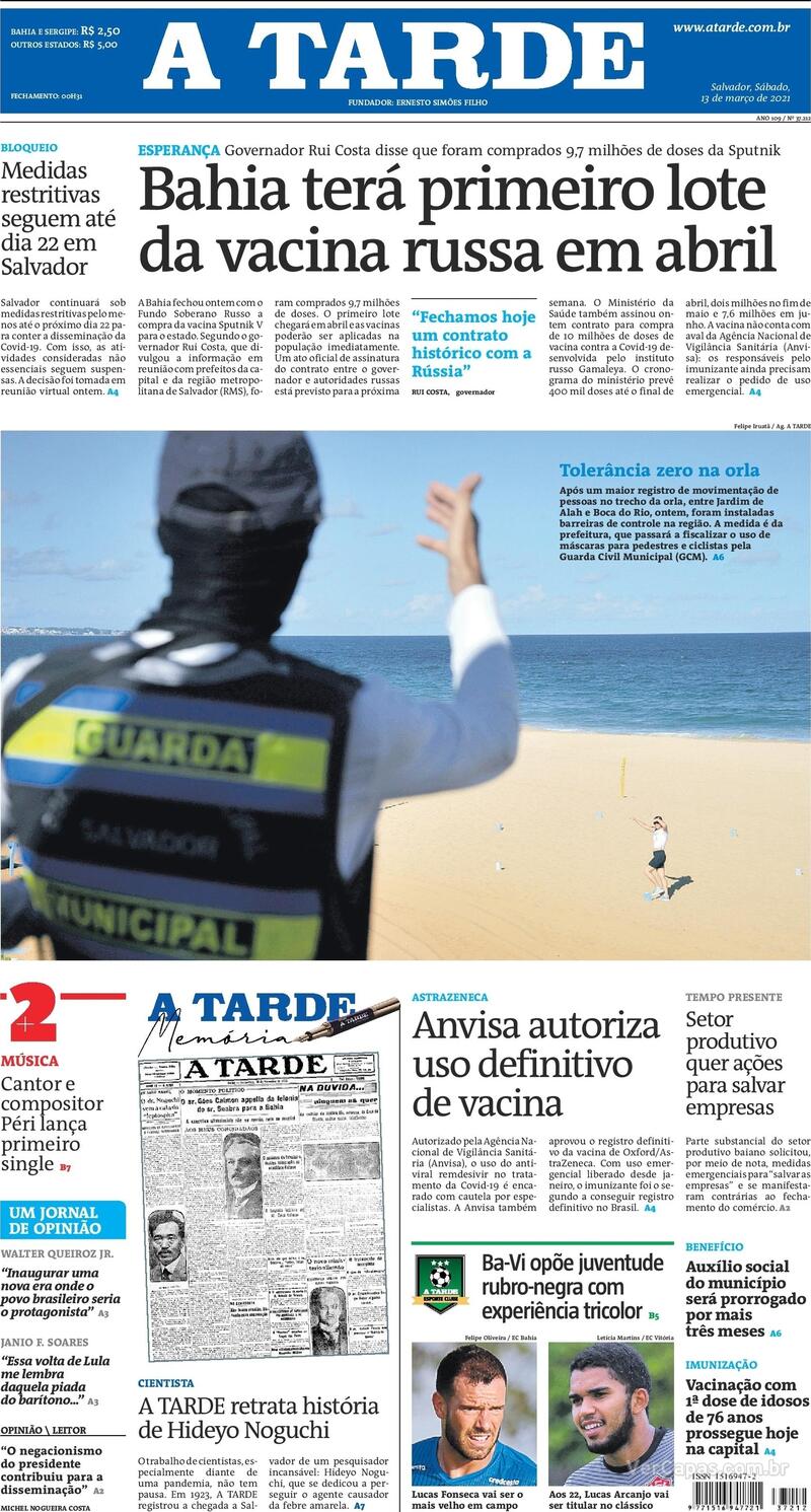 Capa do jornal A Tarde 13/03/2021