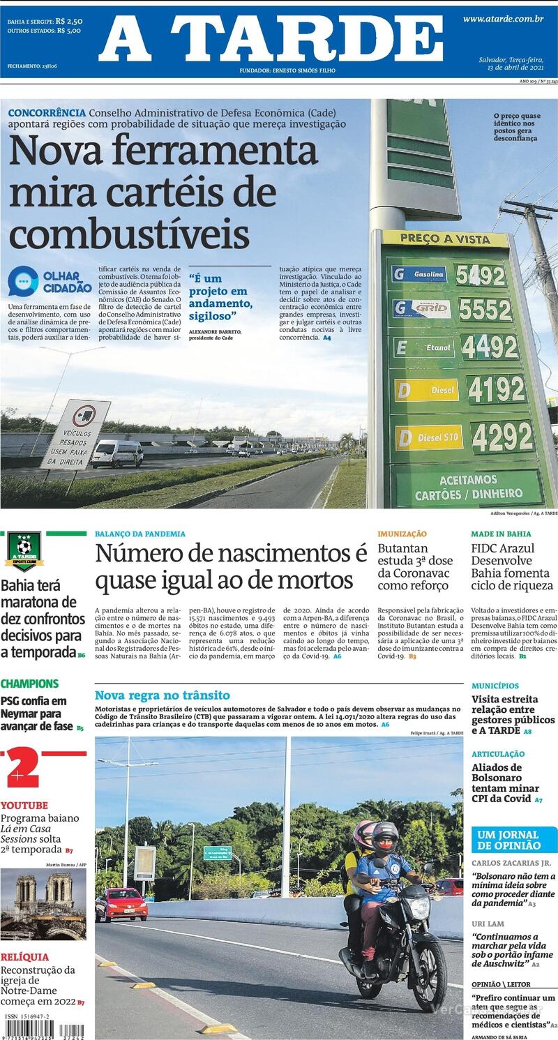 Capa do jornal A Tarde 13/04/2021