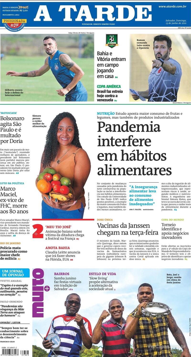 Capa do jornal A Tarde 13/06/2021
