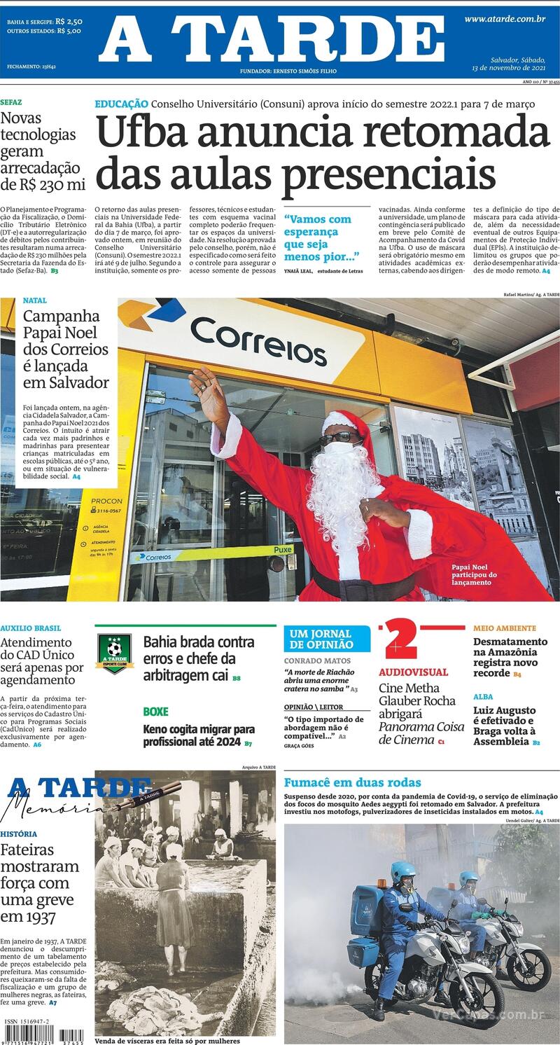 Capa do jornal A Tarde 13/11/2021