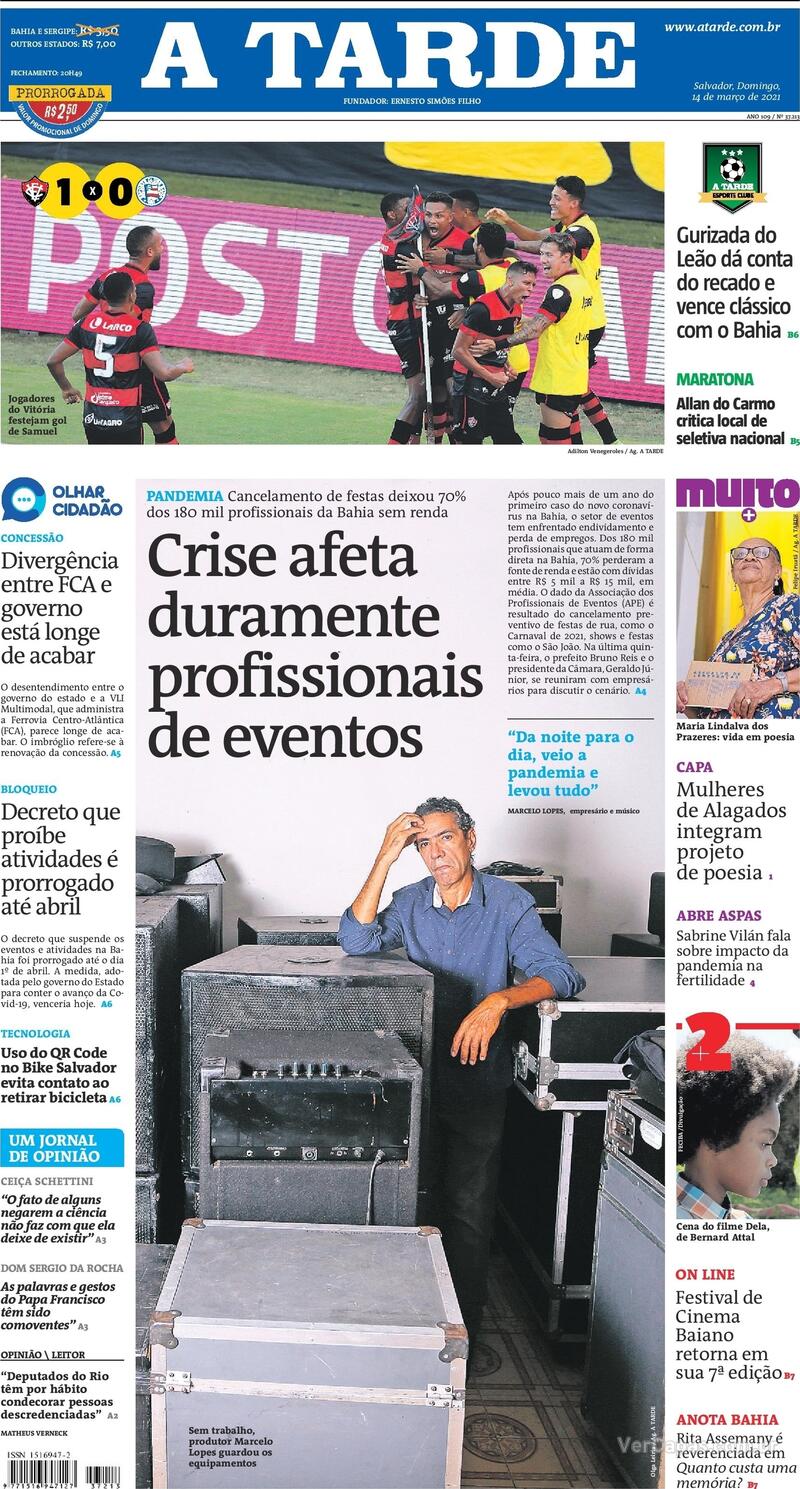 Capa do jornal A Tarde 14/03/2021