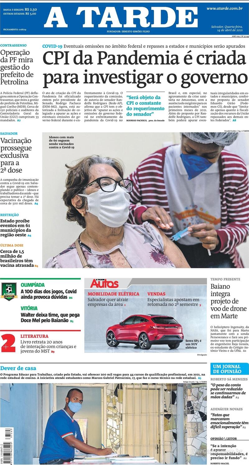 Capa do jornal A Tarde 14/04/2021