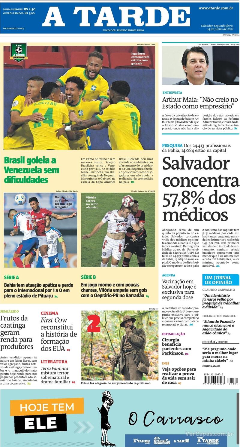 Capa do jornal A Tarde 14/06/2021