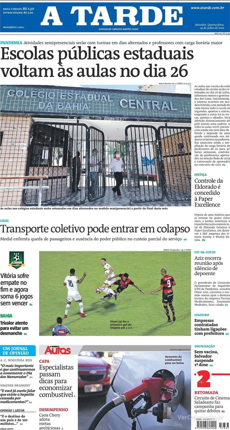 Capa do jornal A Tarde 14/07/2021