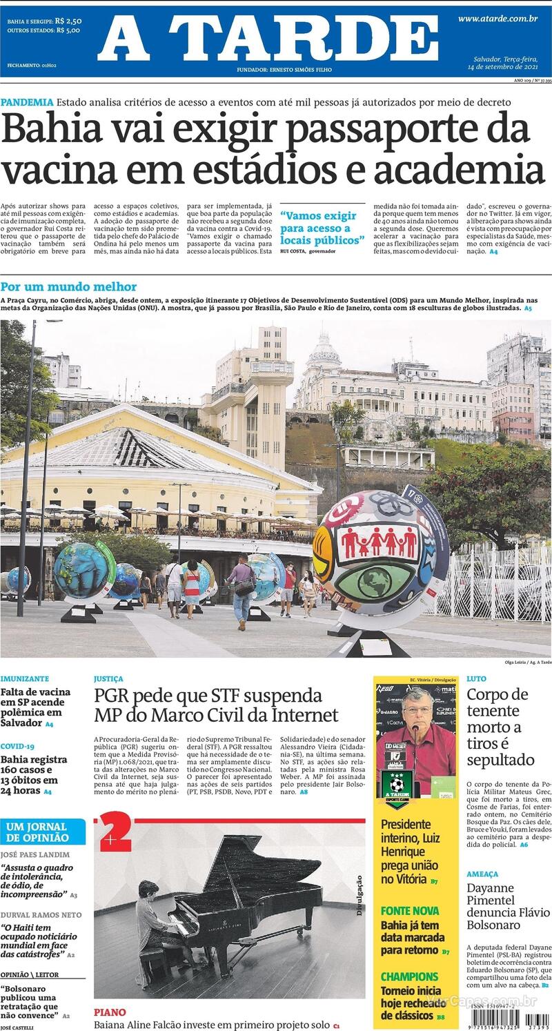 Capa do jornal A Tarde 14/09/2021