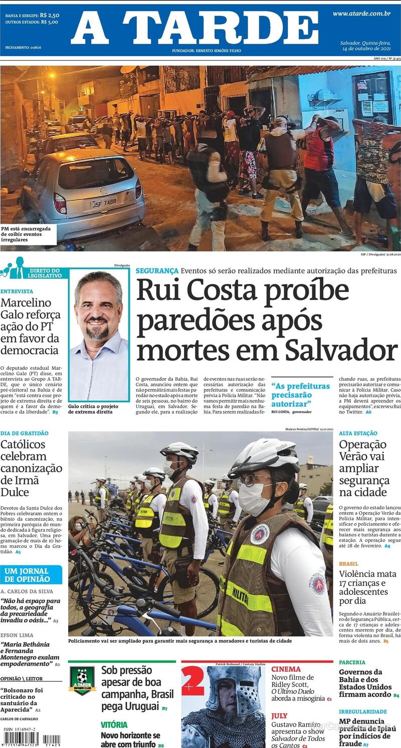 Capa do jornal A Tarde 14/10/2021