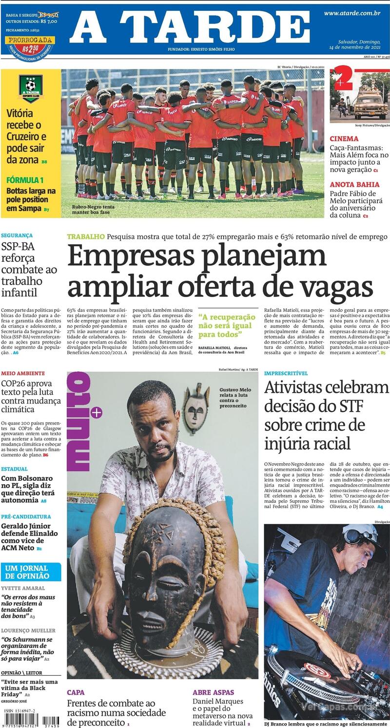 Capa do jornal A Tarde 14/11/2021