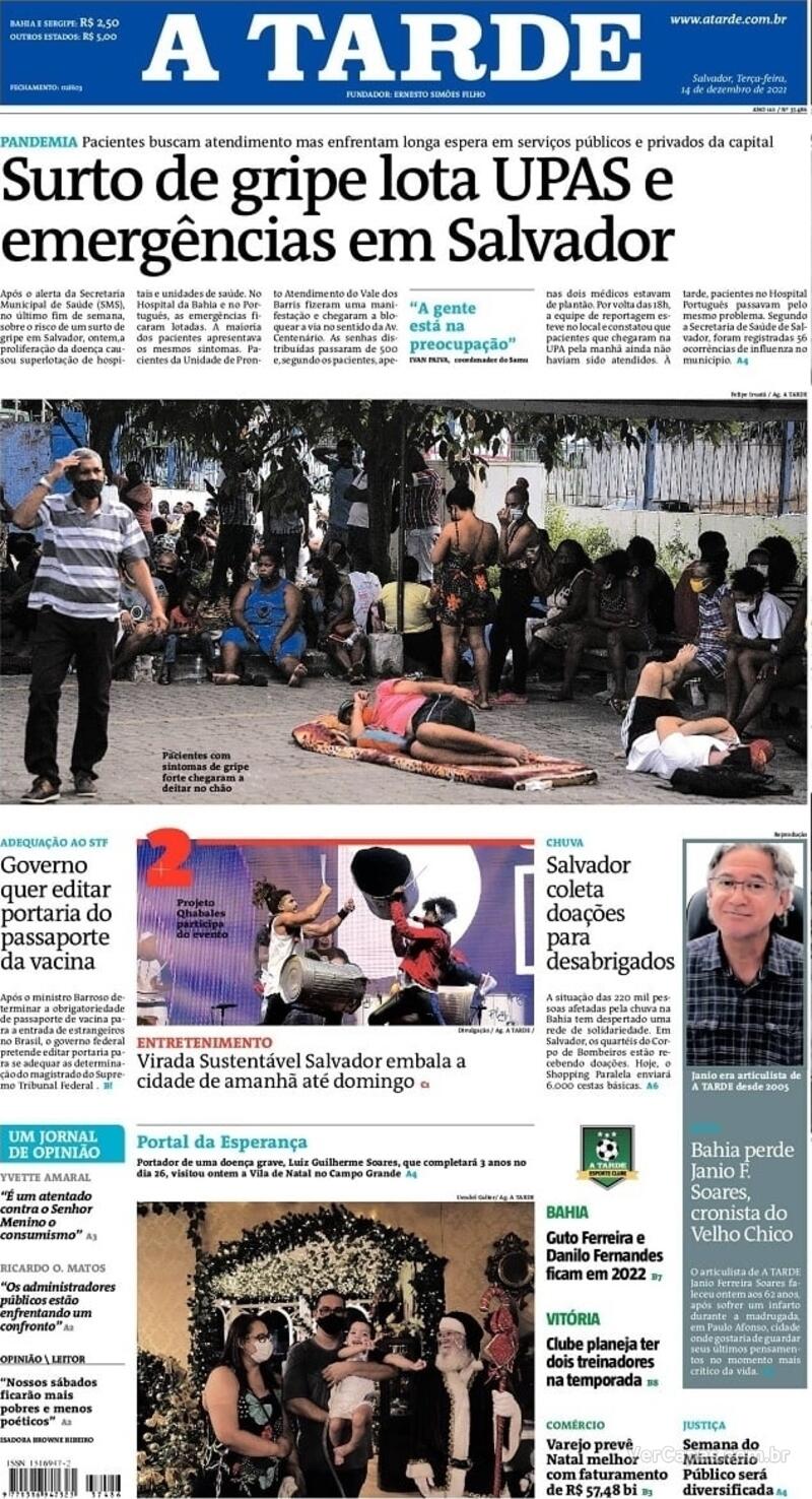 Capa do jornal A Tarde 14/12/2021