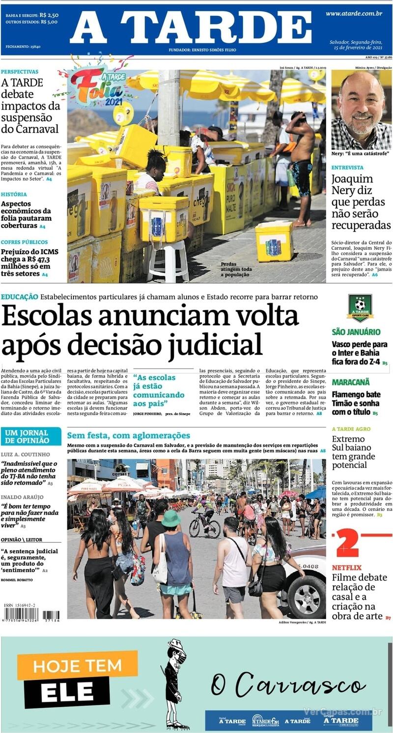 Capa do jornal A Tarde 15/02/2021