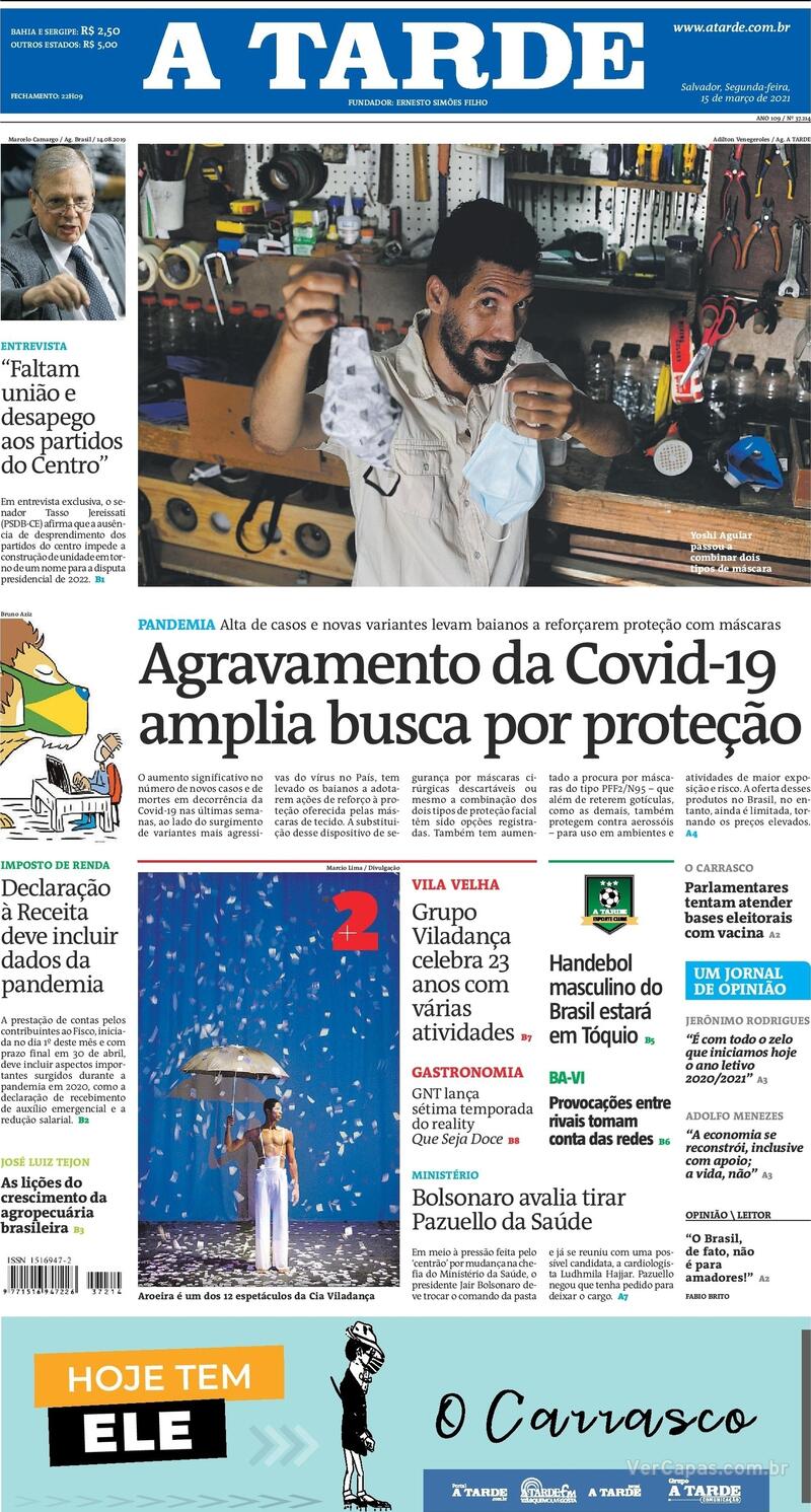 Capa do jornal A Tarde 15/03/2021