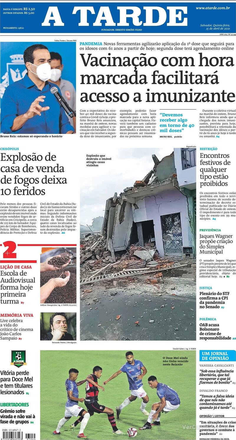 Capa do jornal A Tarde 15/04/2021