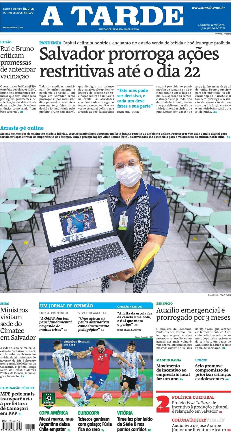 Capa do jornal A Tarde 15/06/2021