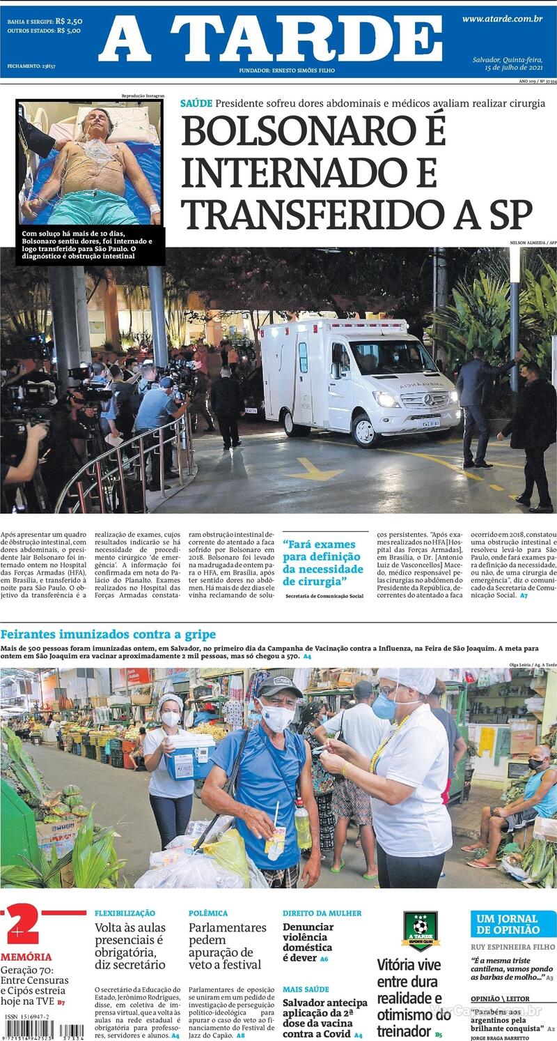 Capa do jornal A Tarde 15/07/2021
