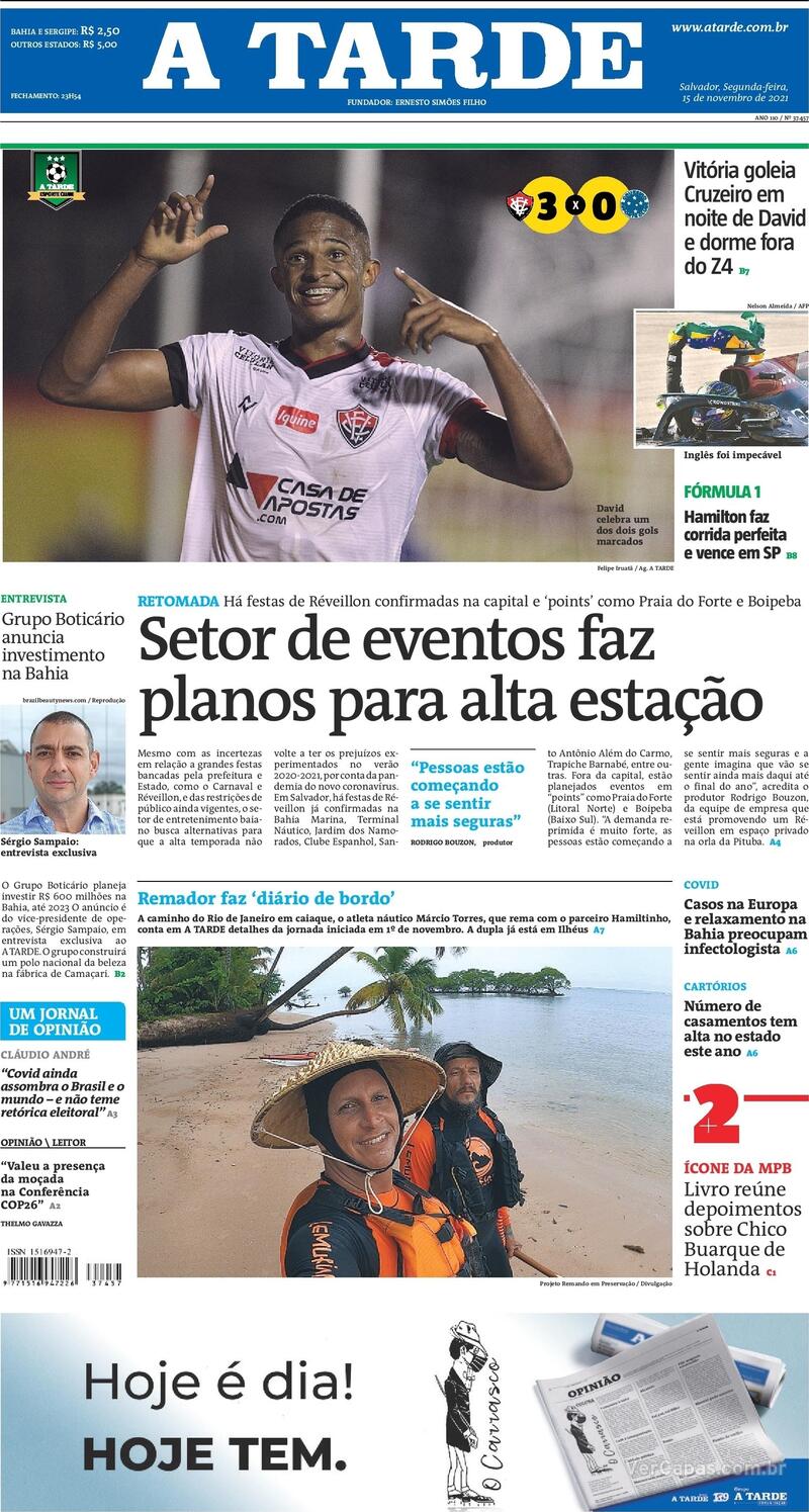 Capa do jornal A Tarde 15/11/2021
