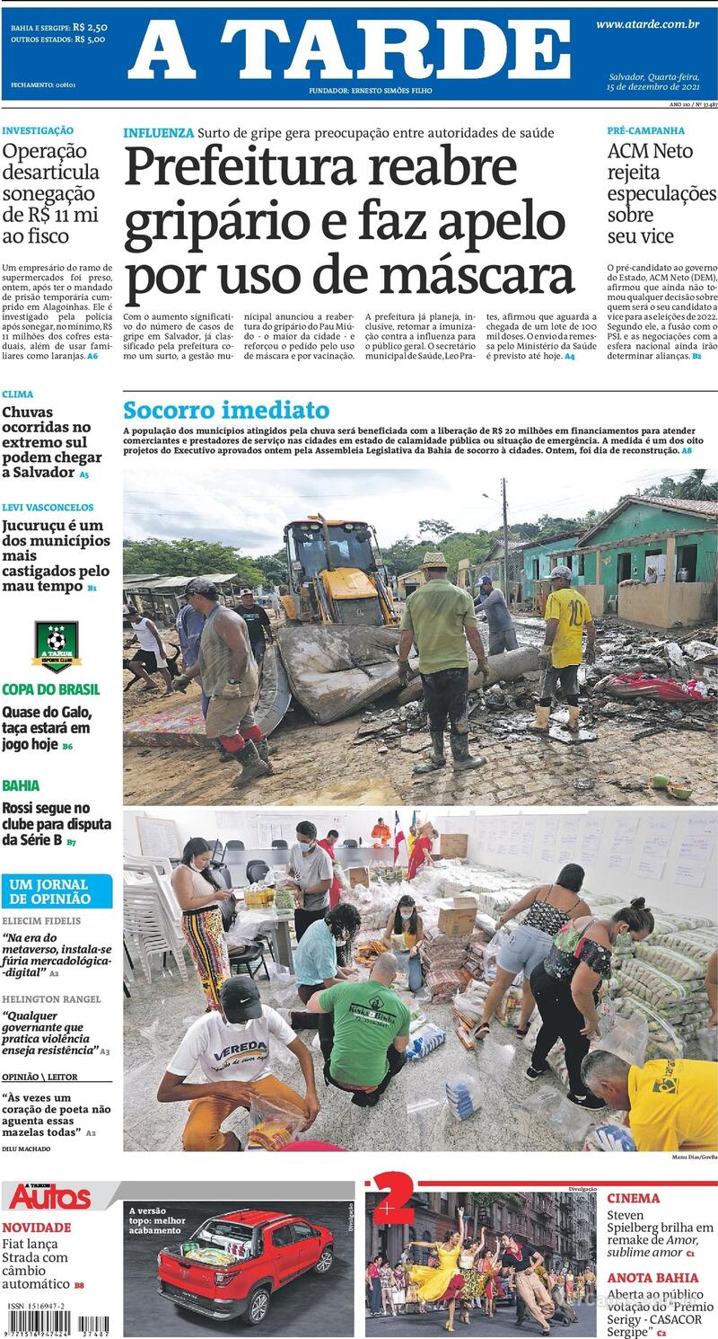 Capa do jornal A Tarde 15/12/2021