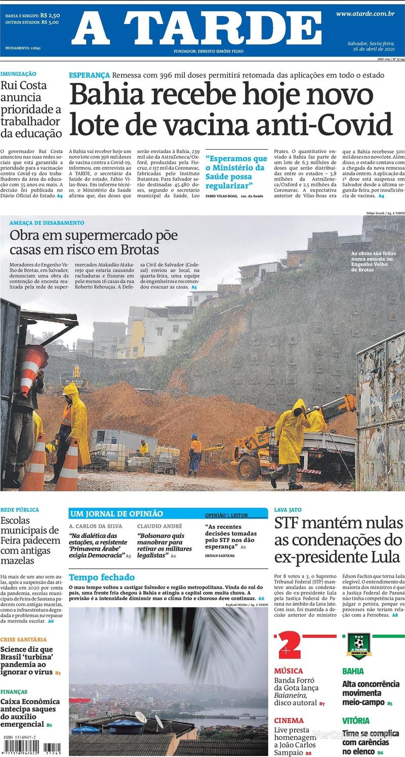 Capa do jornal A Tarde 16/04/2021