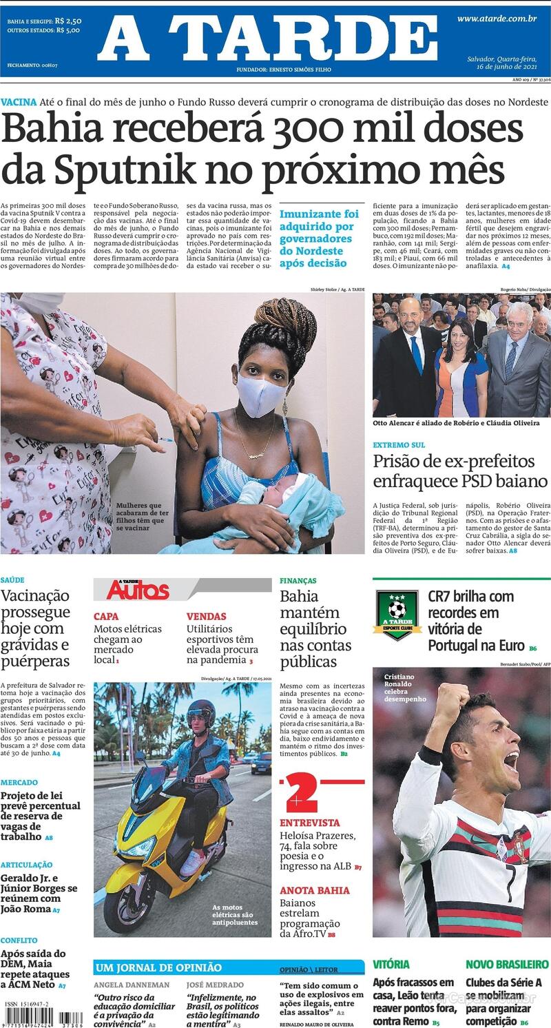 Capa do jornal A Tarde 16/06/2021