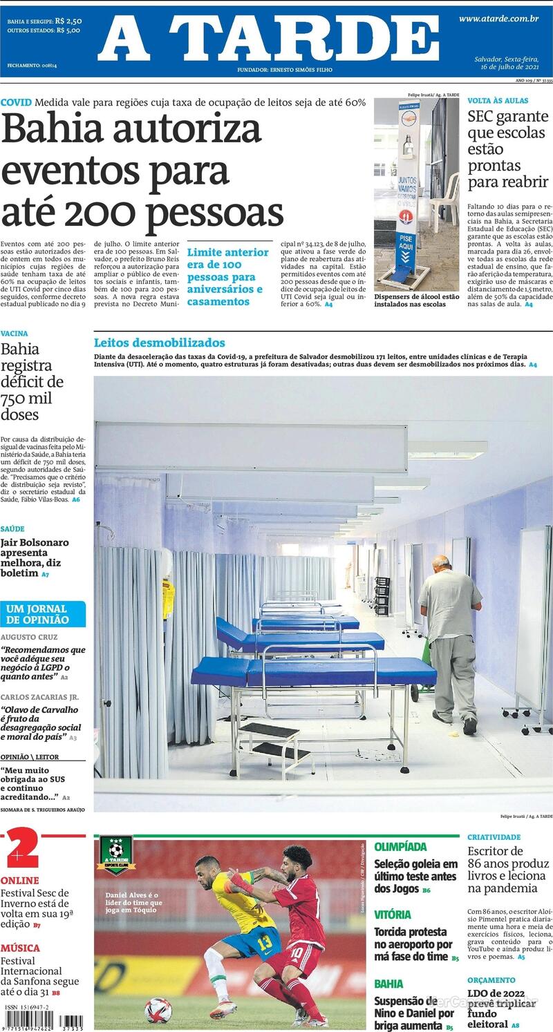 Capa do jornal A Tarde 16/07/2021