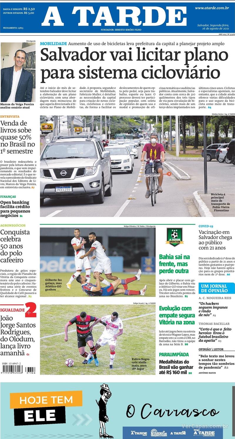 Capa do jornal A Tarde 16/08/2021
