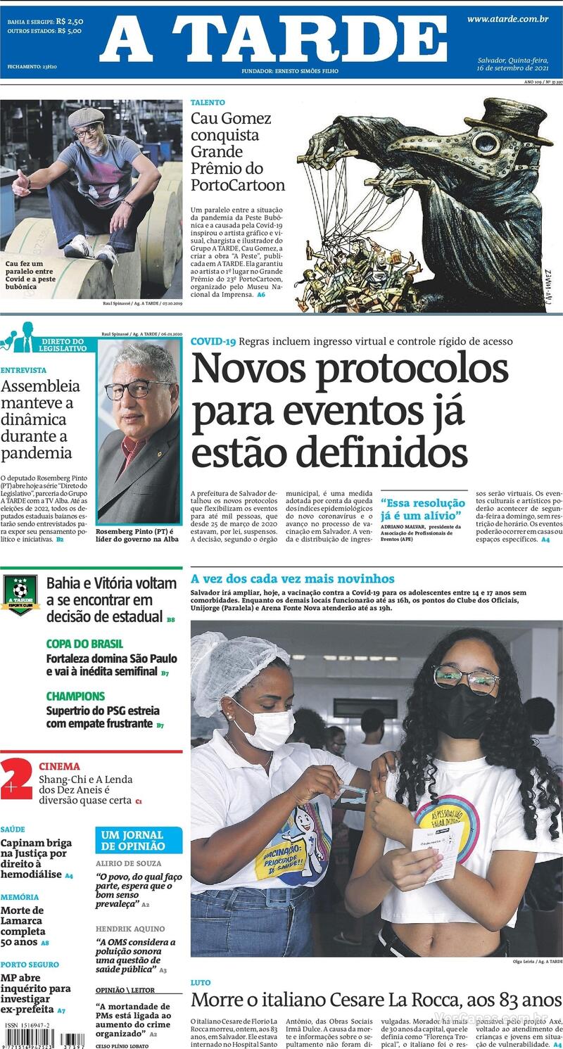 Capa do jornal A Tarde 16/09/2021