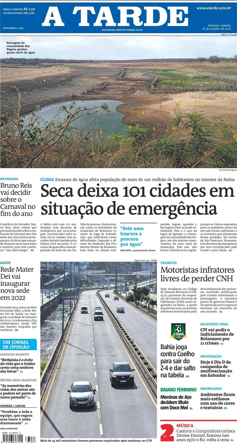 Capa do jornal A Tarde 16/10/2021
