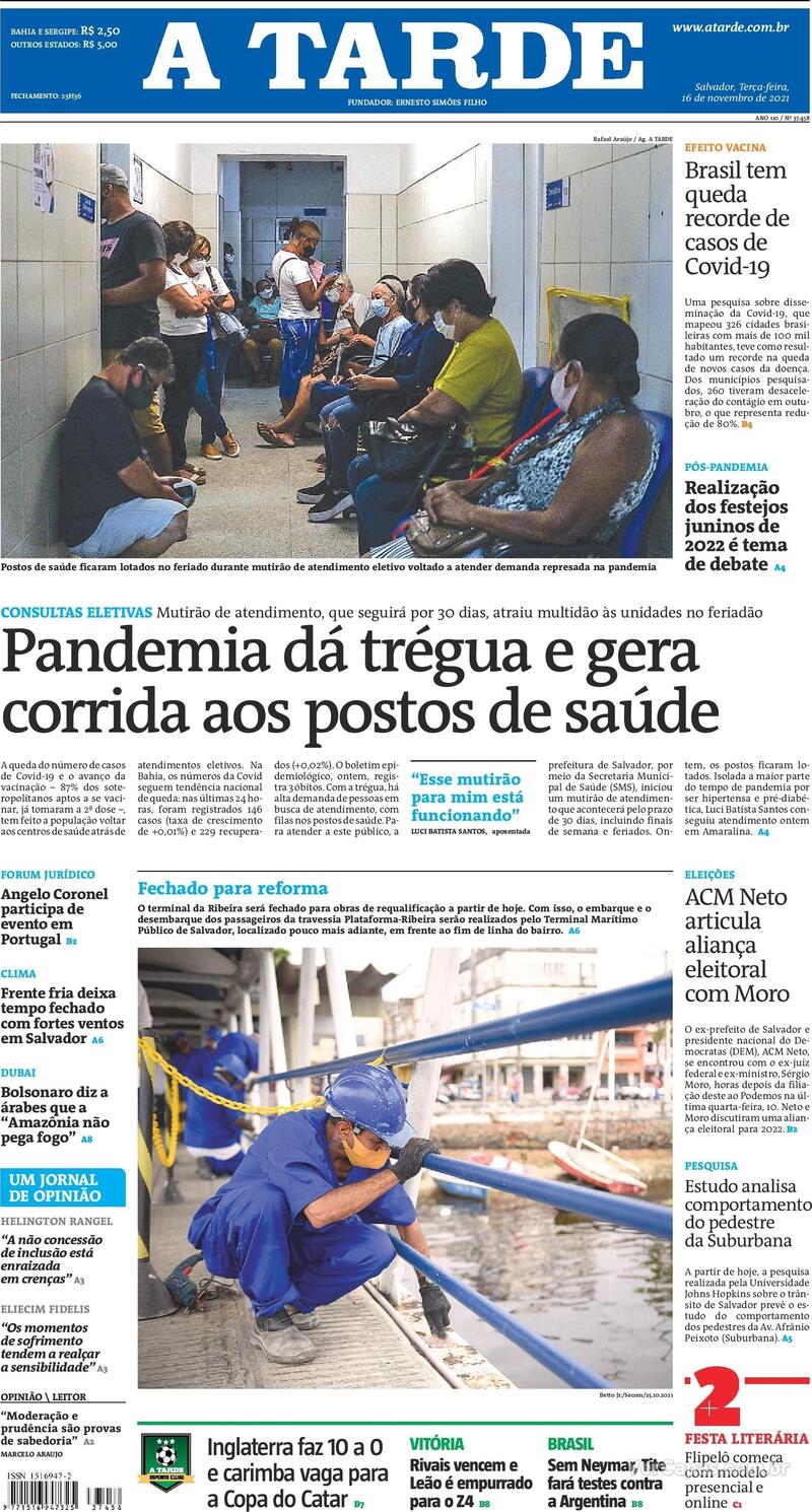 Capa do jornal A Tarde 16/11/2021