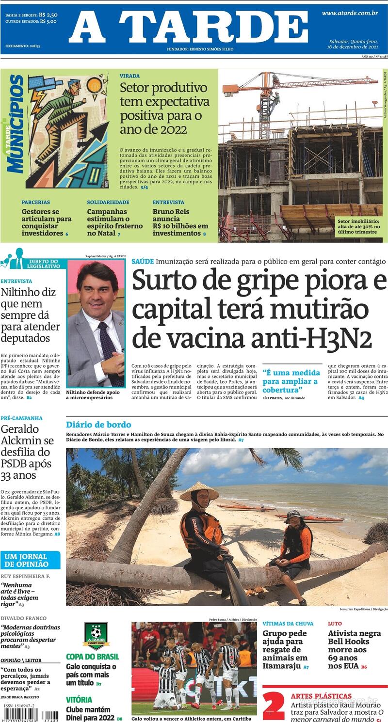 Capa do jornal A Tarde 16/12/2021
