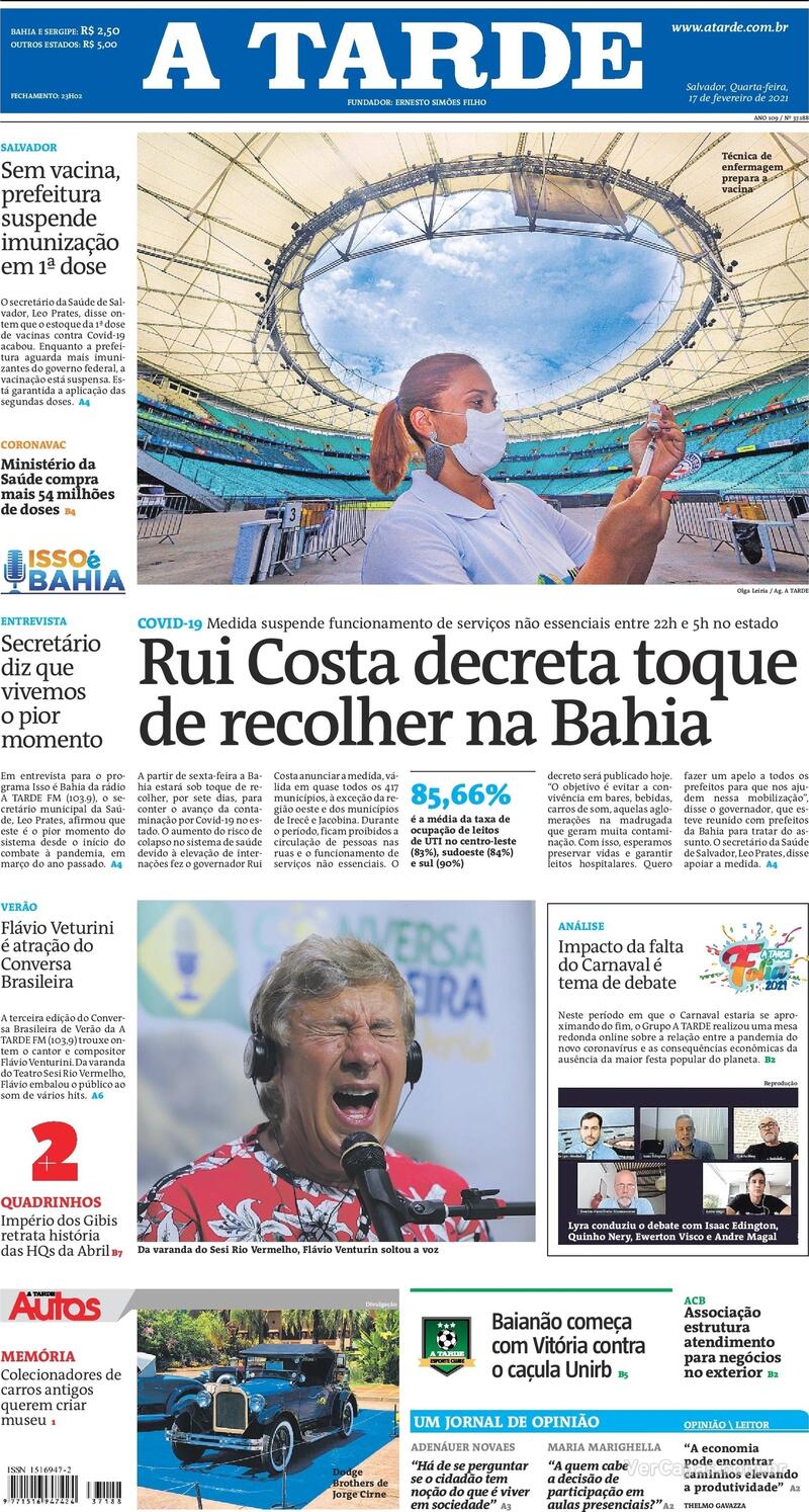 Capa do jornal A Tarde 17/02/2021
