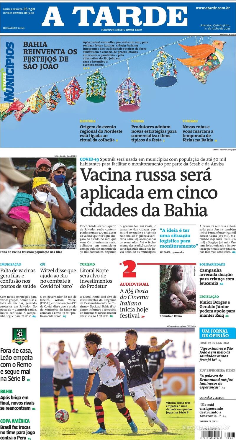 Capa do jornal A Tarde 17/06/2021