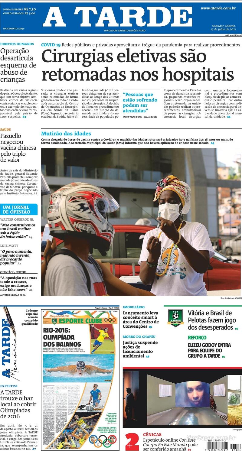 Capa do jornal A Tarde 17/07/2021