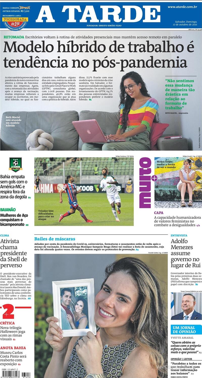 Capa do jornal A Tarde 17/10/2021