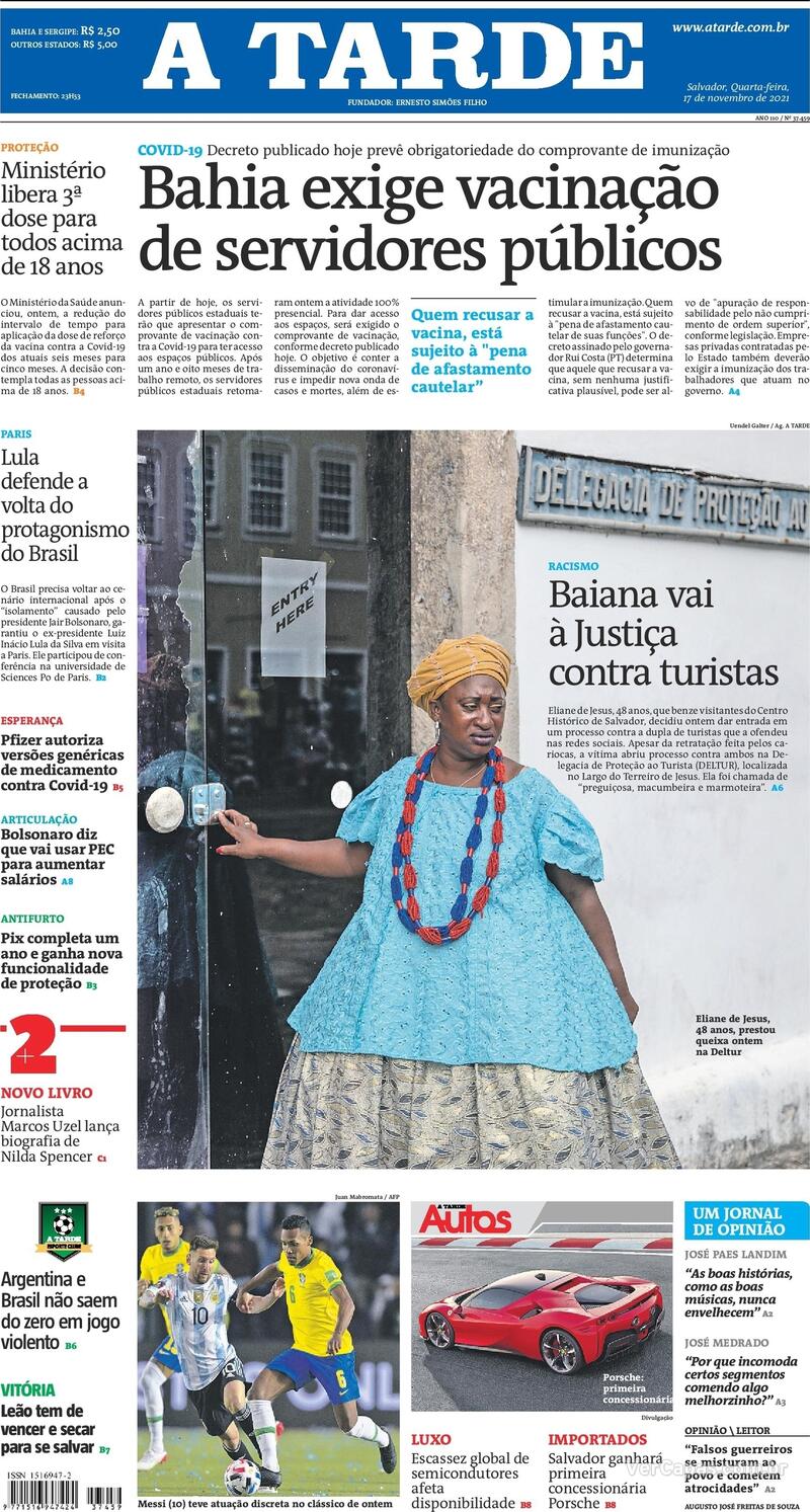 Capa do jornal A Tarde 17/11/2021