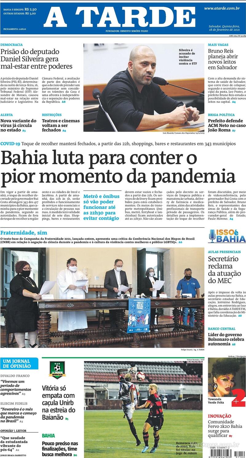 Capa do jornal A Tarde 18/02/2021