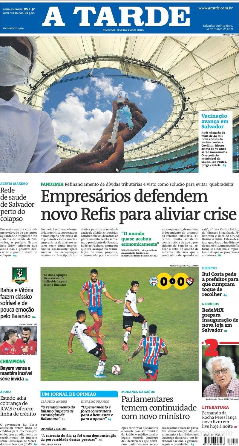 Capa do jornal A Tarde 18/03/2021