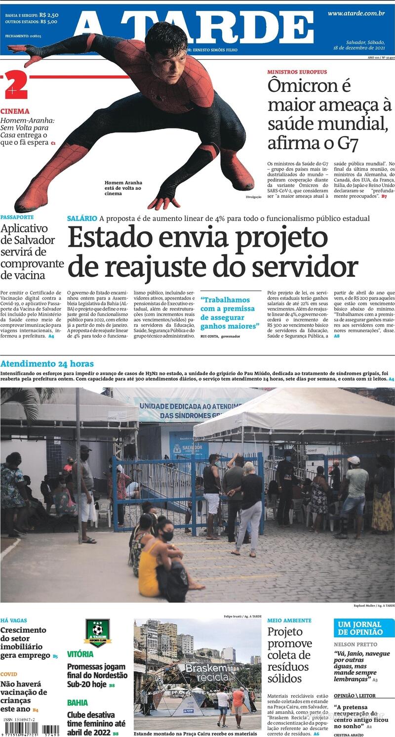 Capa do jornal A Tarde 18/12/2021
