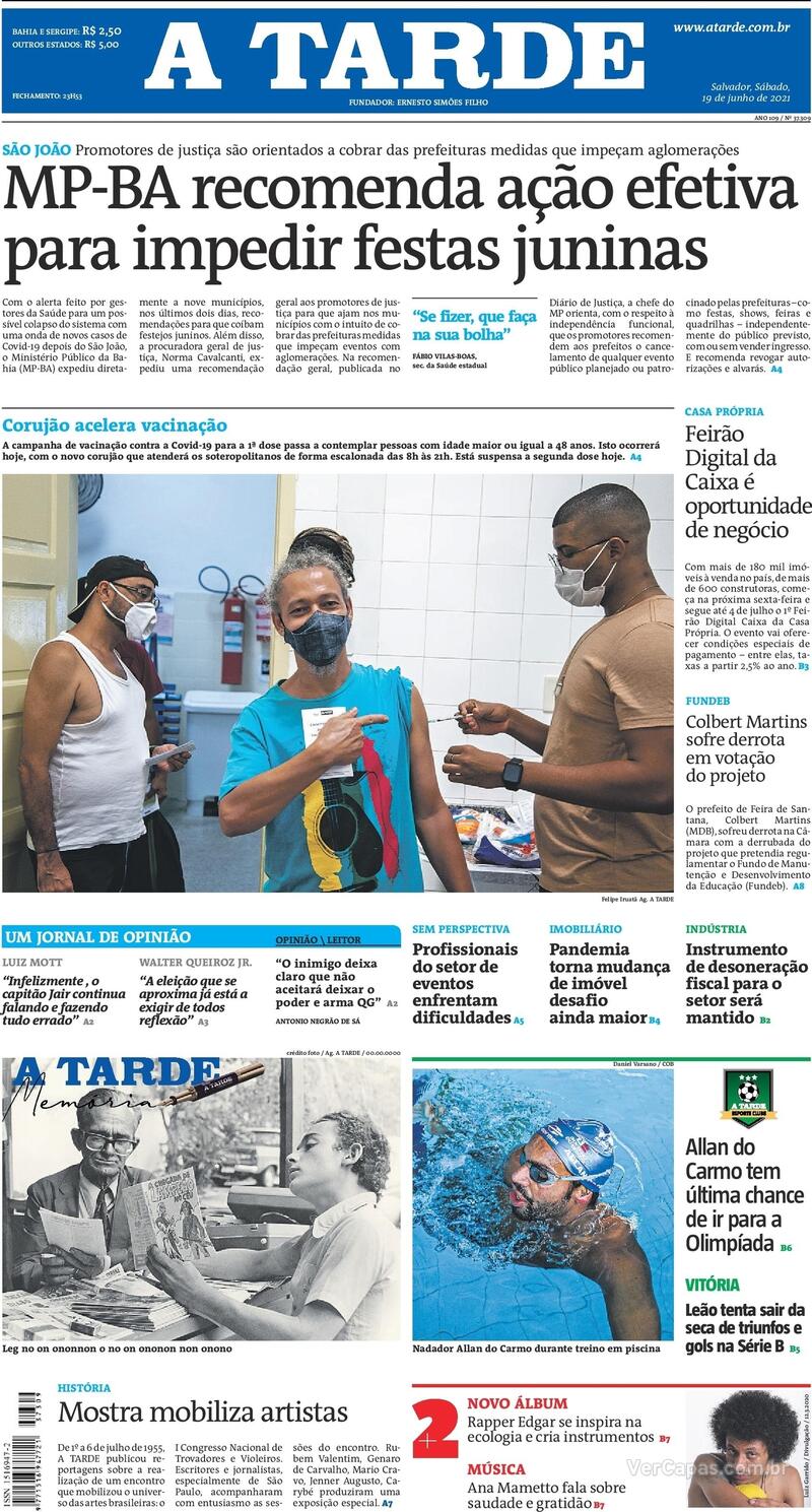 Capa do jornal A Tarde 19/06/2021