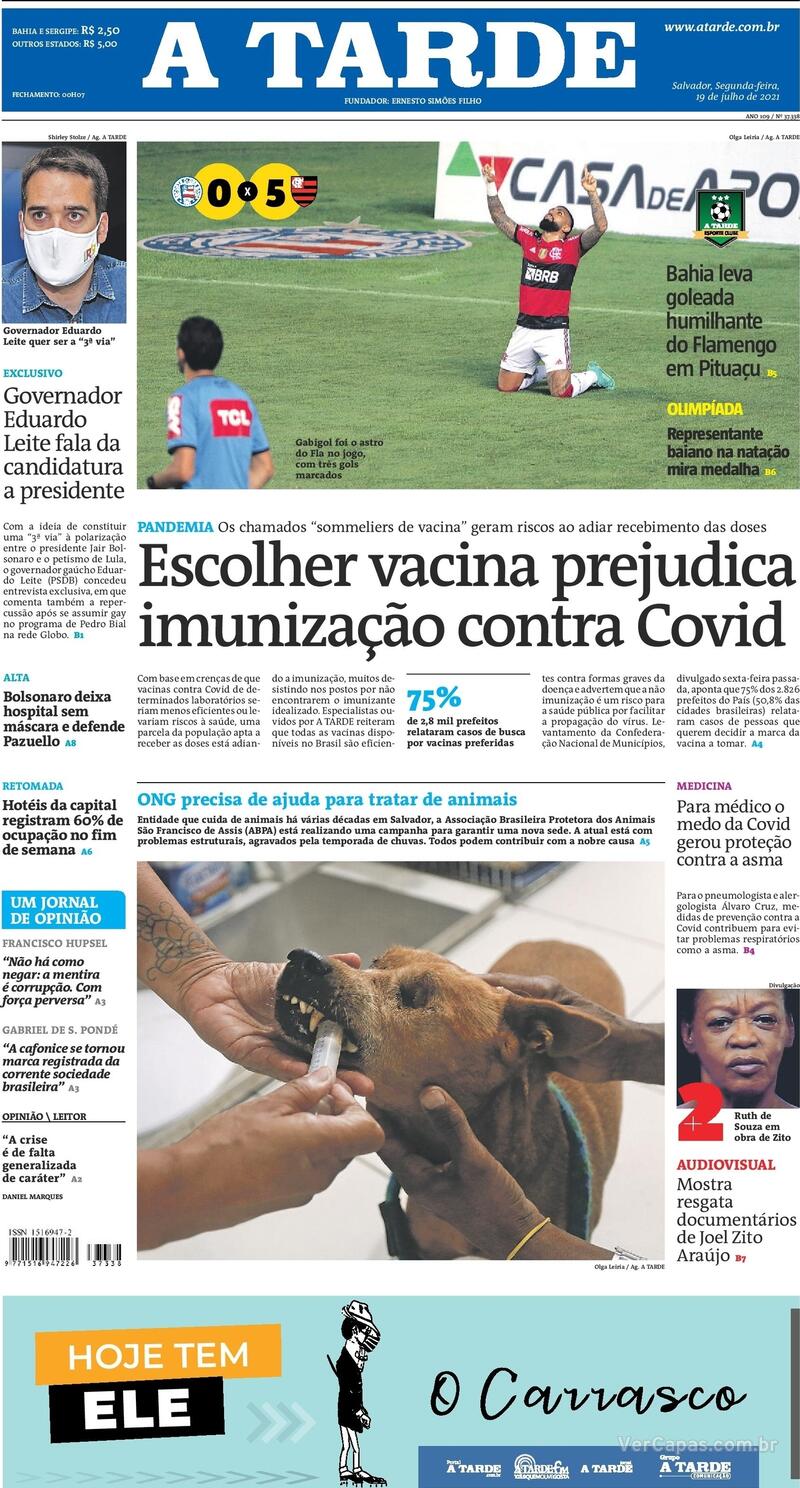 Capa do jornal A Tarde 19/07/2021