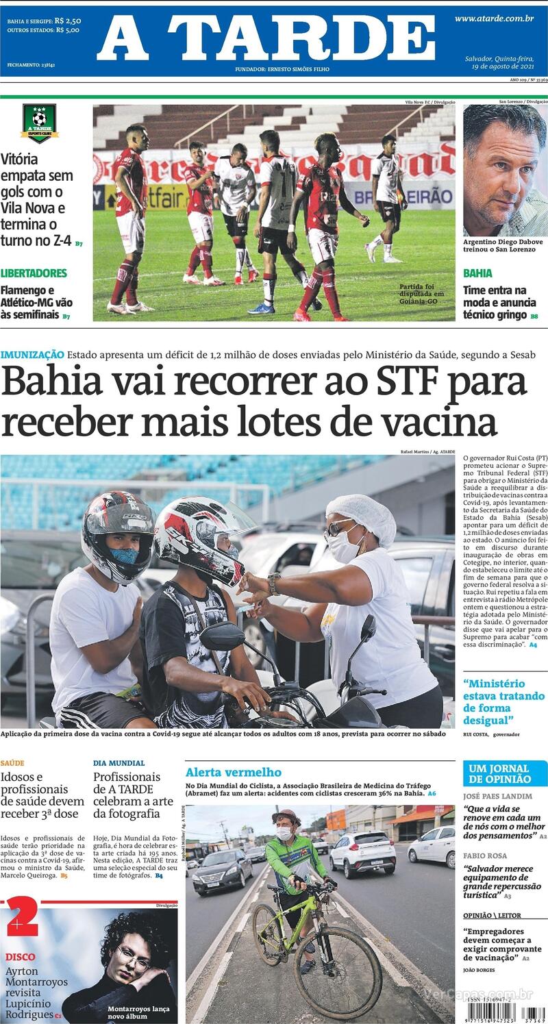 Capa do jornal A Tarde 19/08/2021