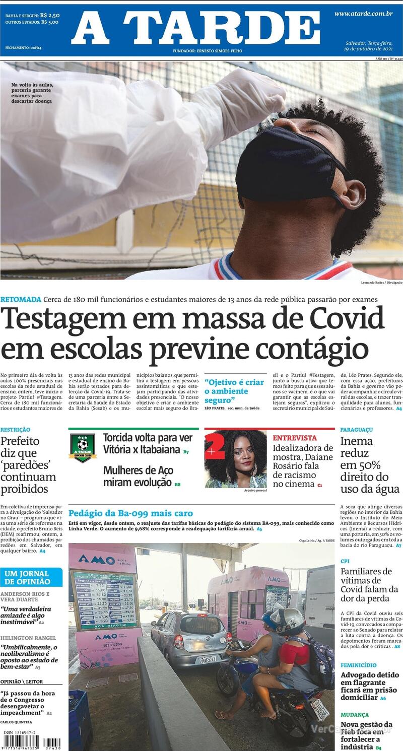 Capa do jornal A Tarde 19/10/2021