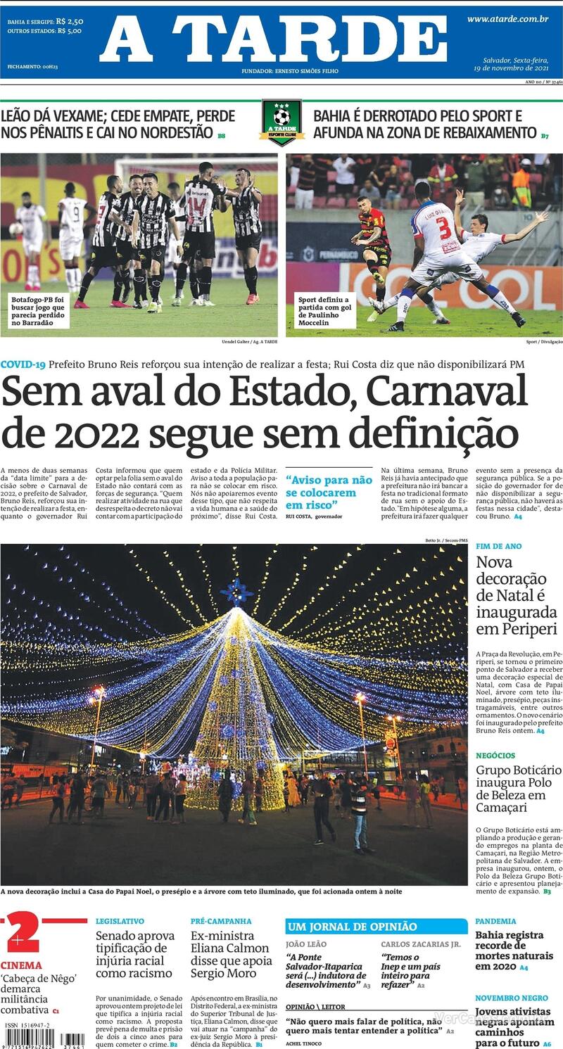 Capa do jornal A Tarde 19/11/2021