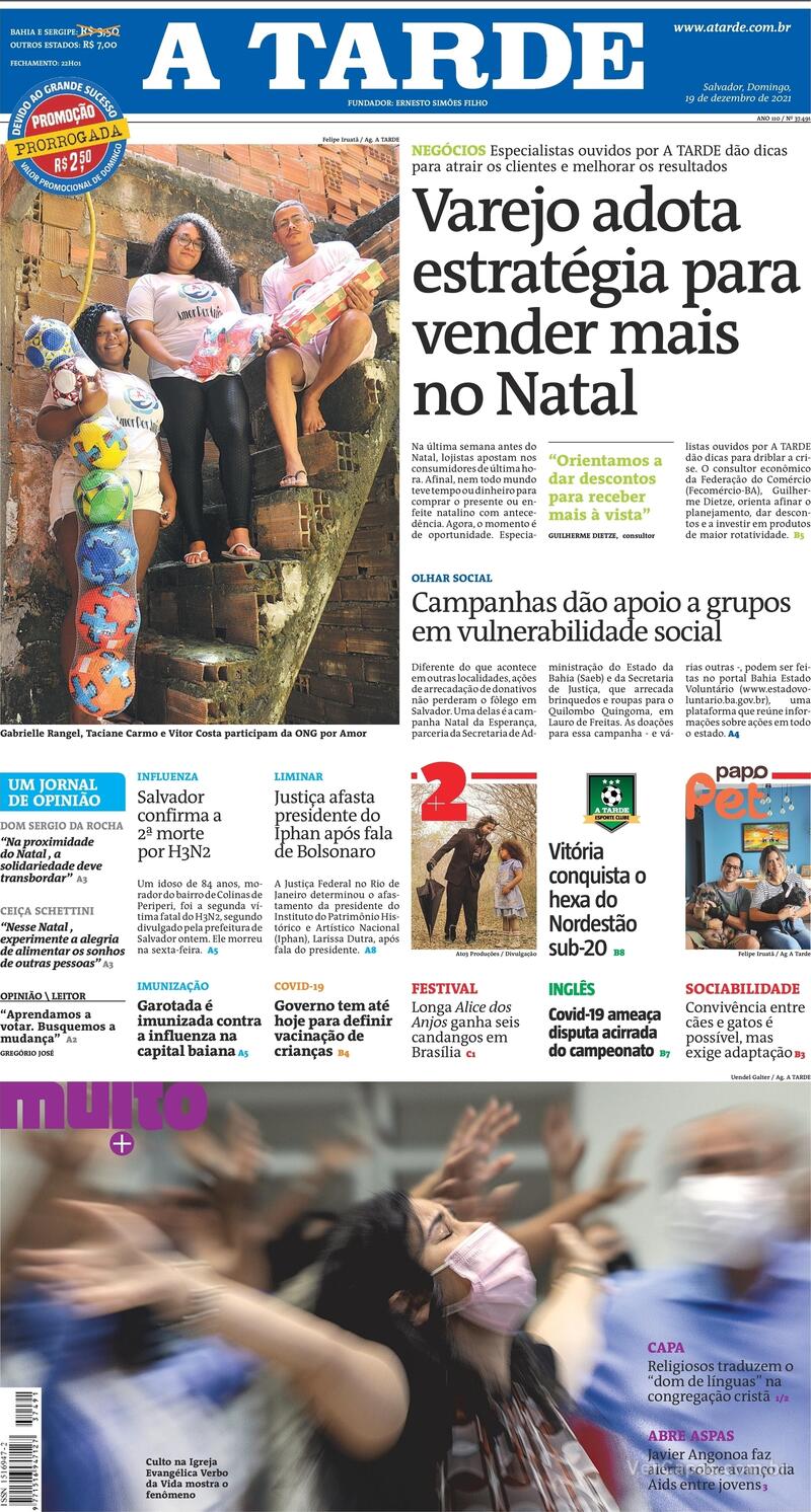 Capa do jornal A Tarde 19/12/2021