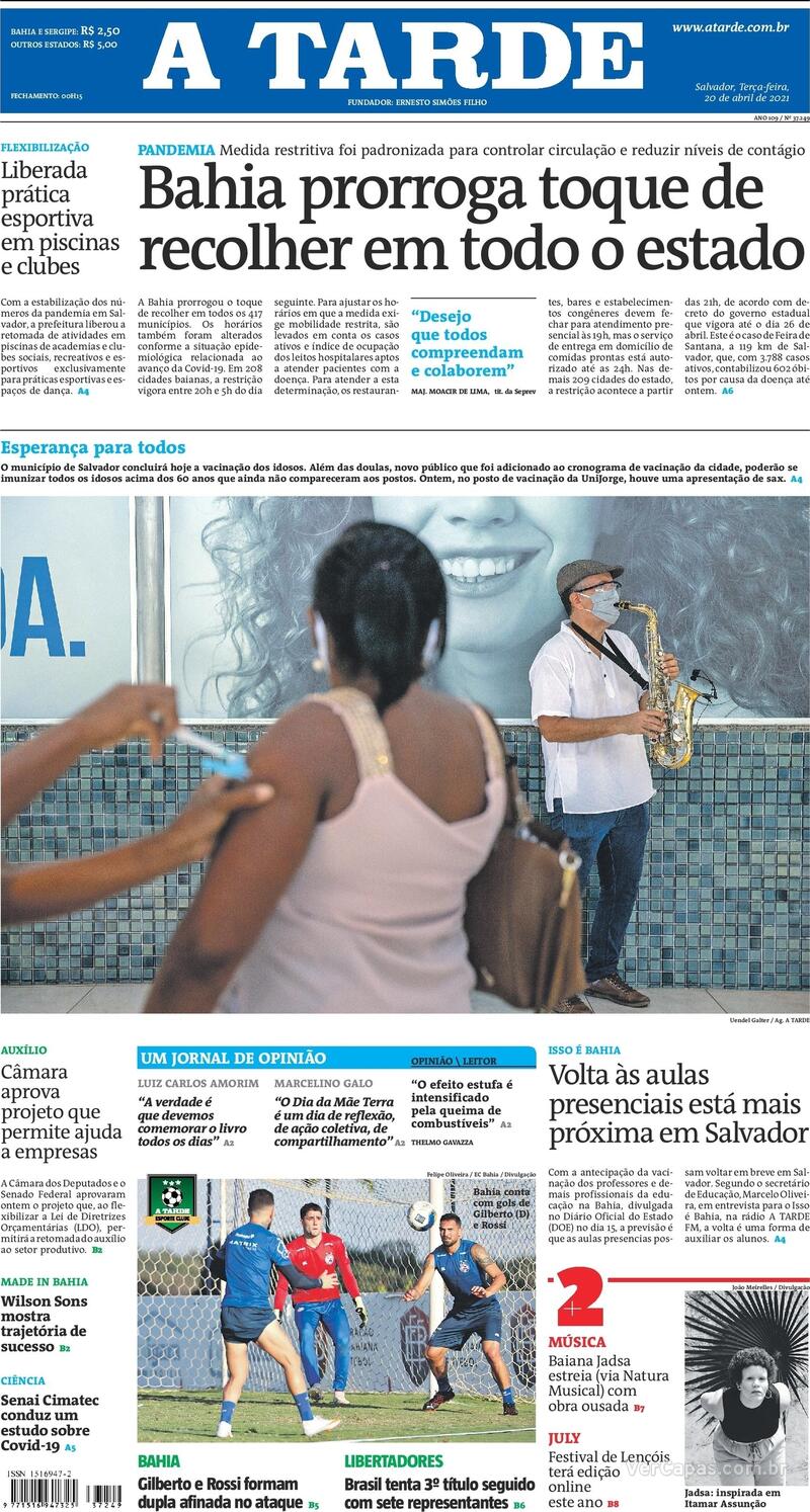 Capa do jornal A Tarde 20/04/2021