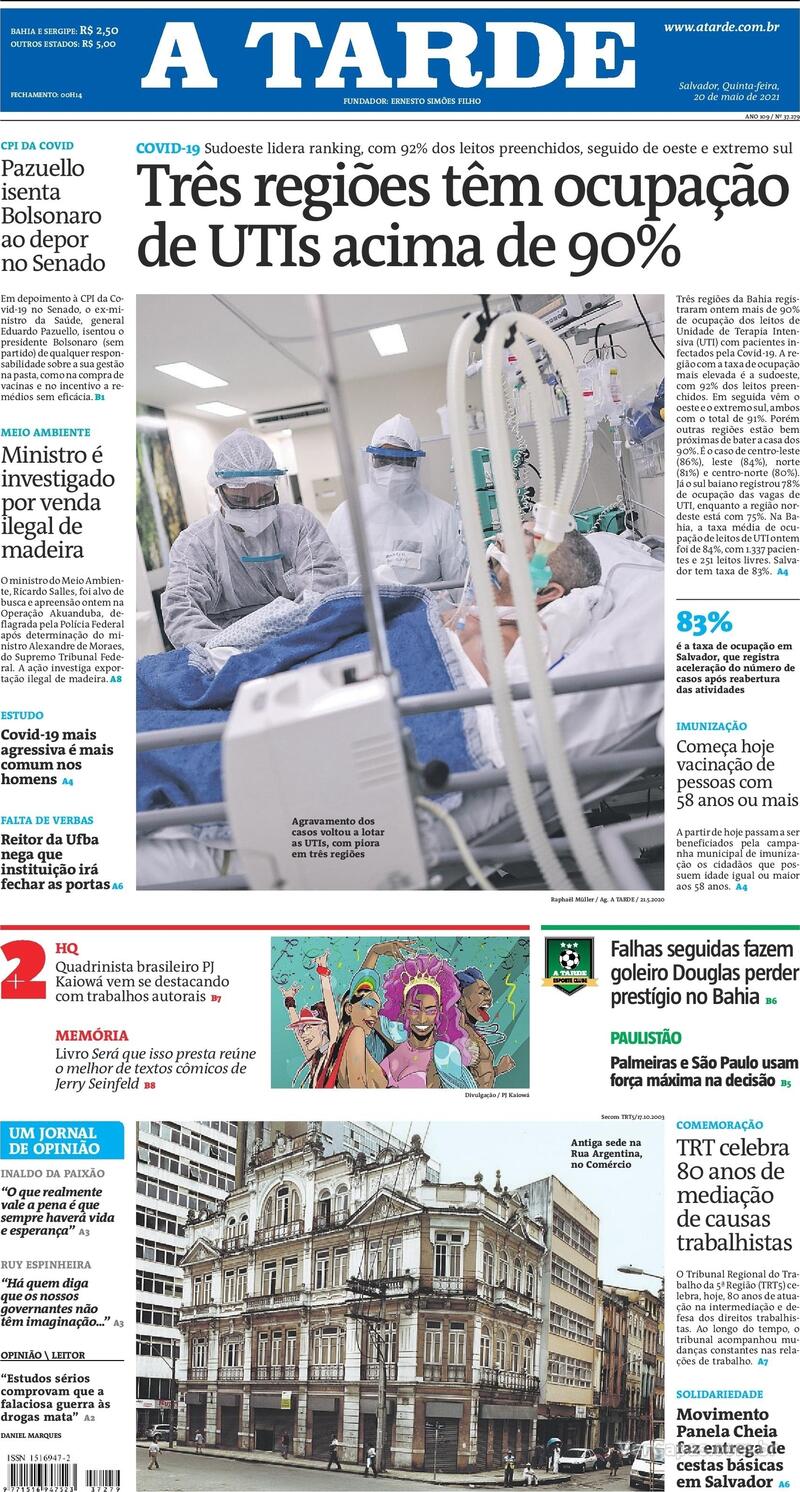 Capa do jornal A Tarde 20/05/2021