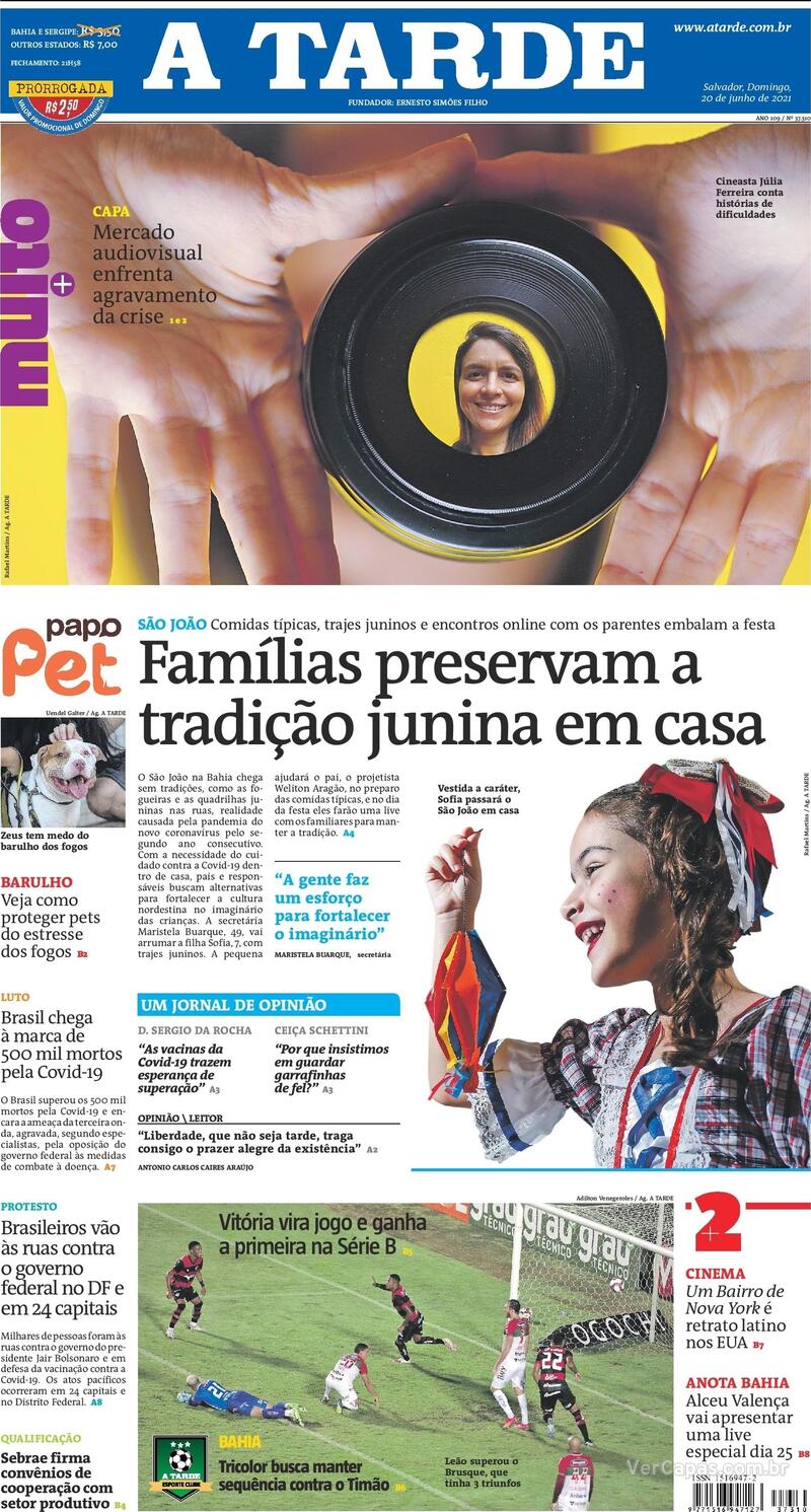 Capa do jornal A Tarde 20/06/2021