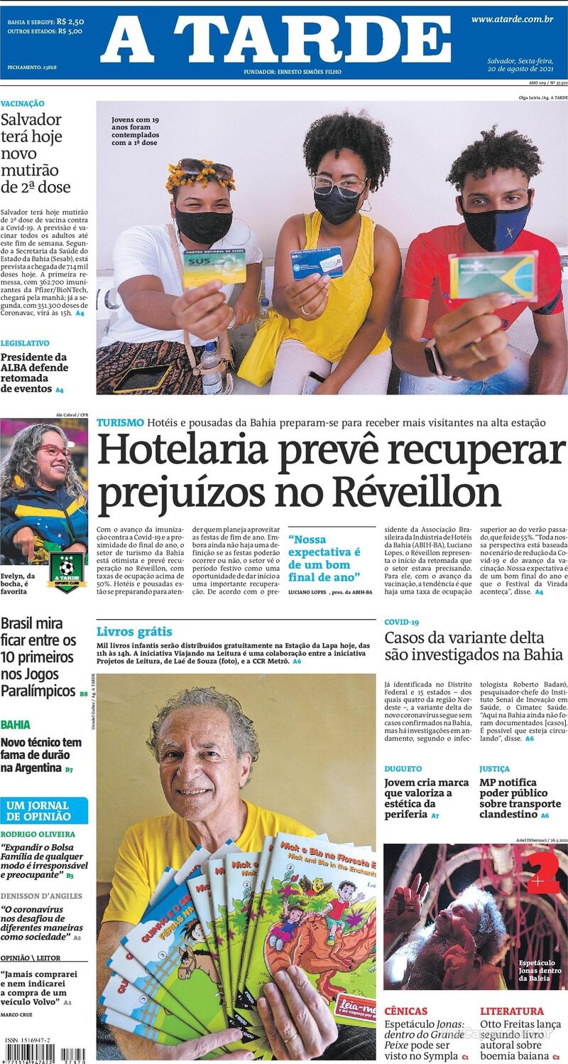 Capa do jornal A Tarde 20/08/2021