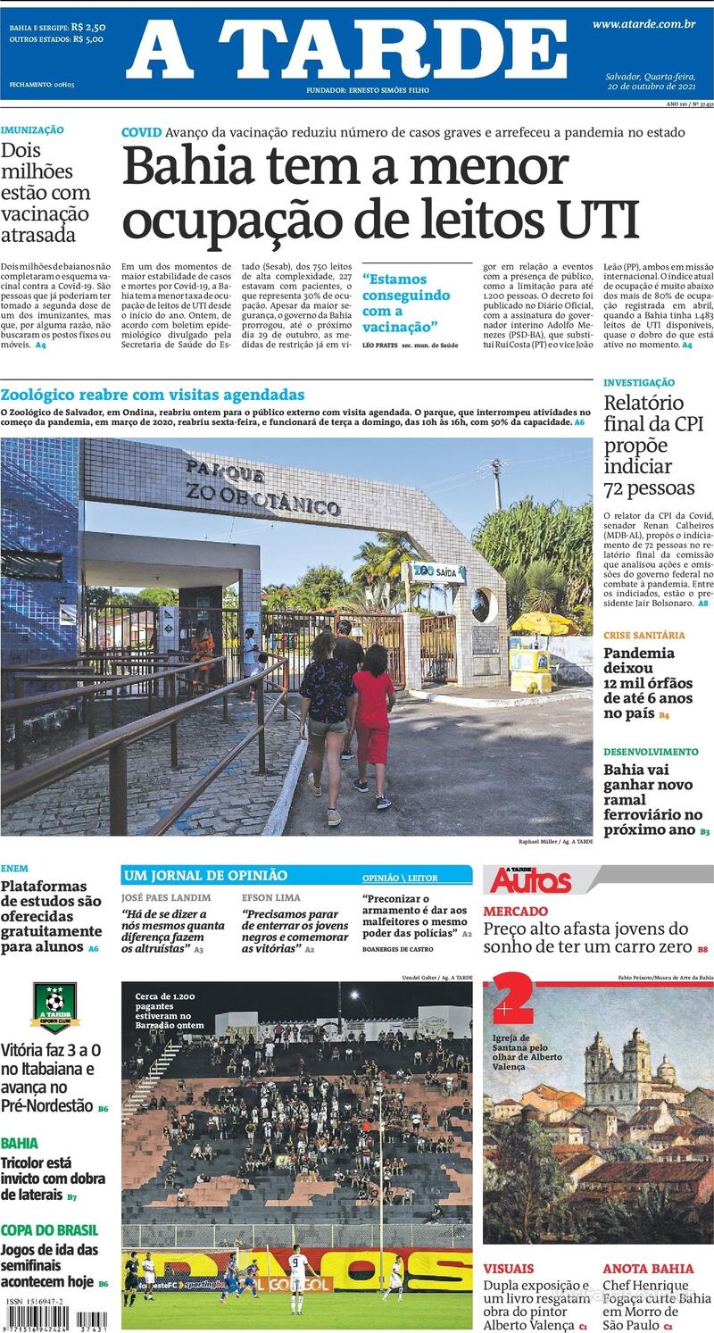 Capa do jornal A Tarde 20/10/2021