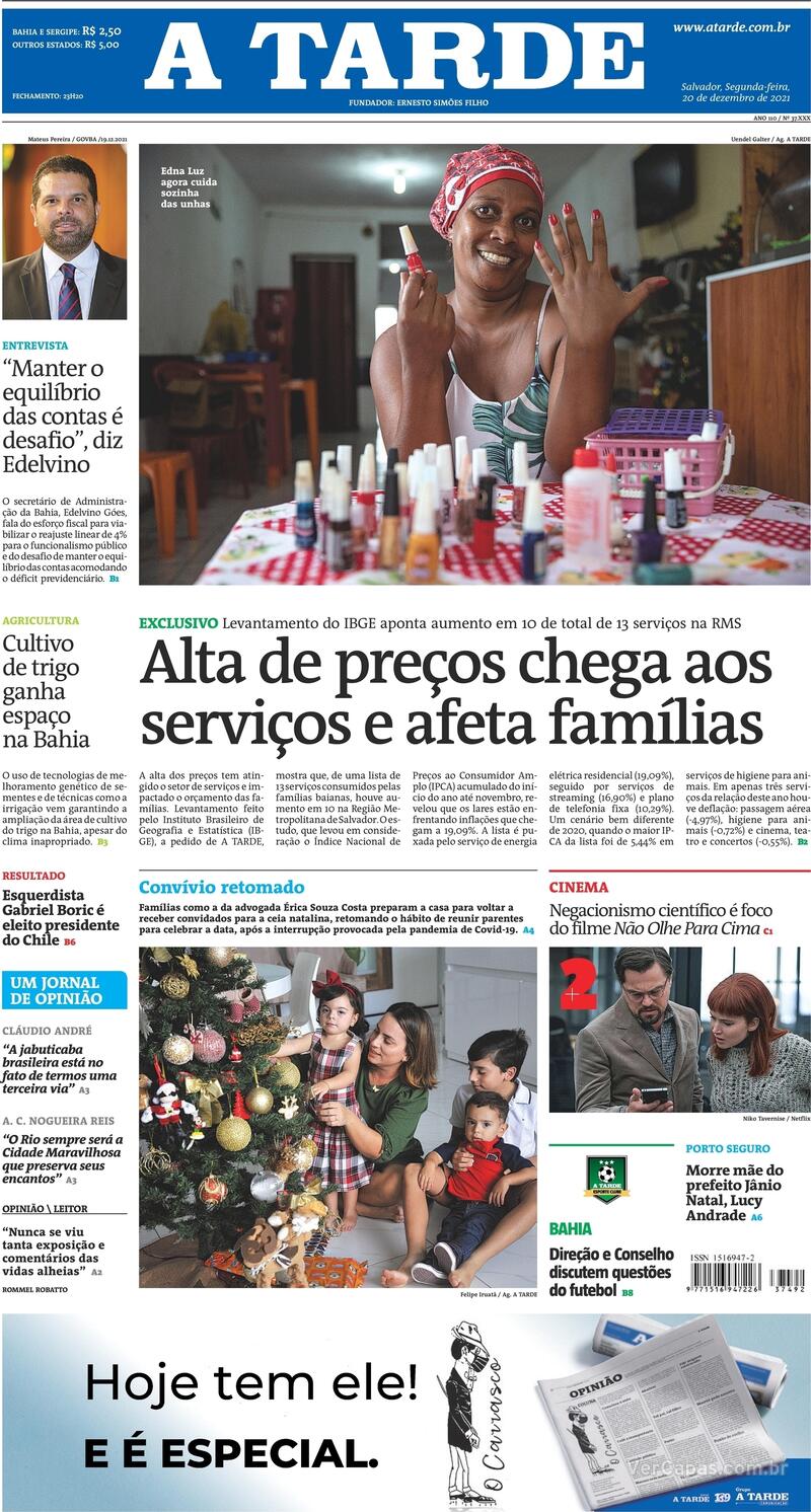 Capa do jornal A Tarde 20/12/2021