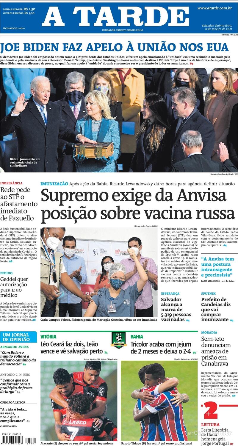 Capa do jornal A Tarde 21/01/2021