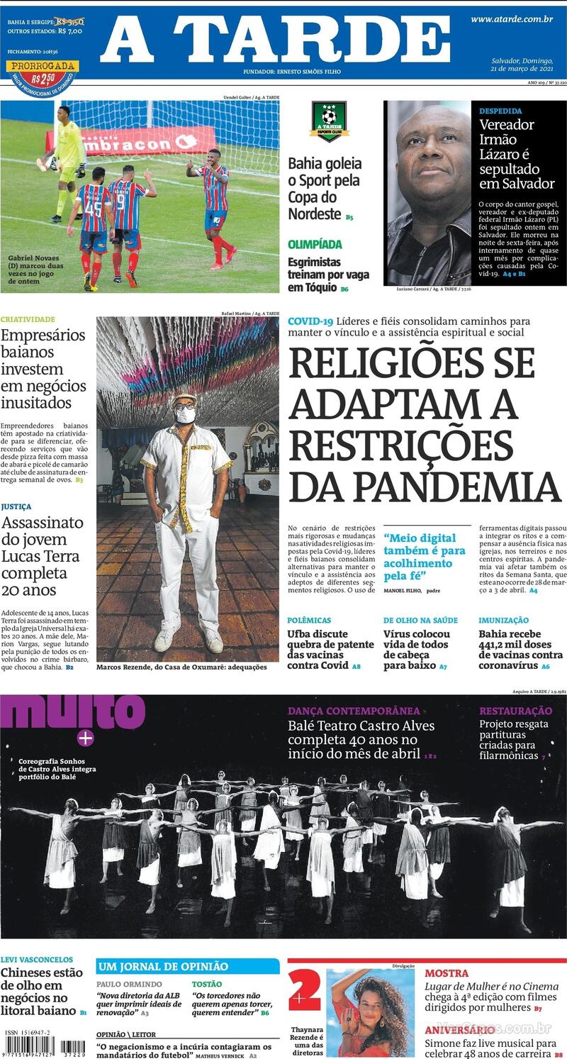 Capa do jornal A Tarde 21/03/2021